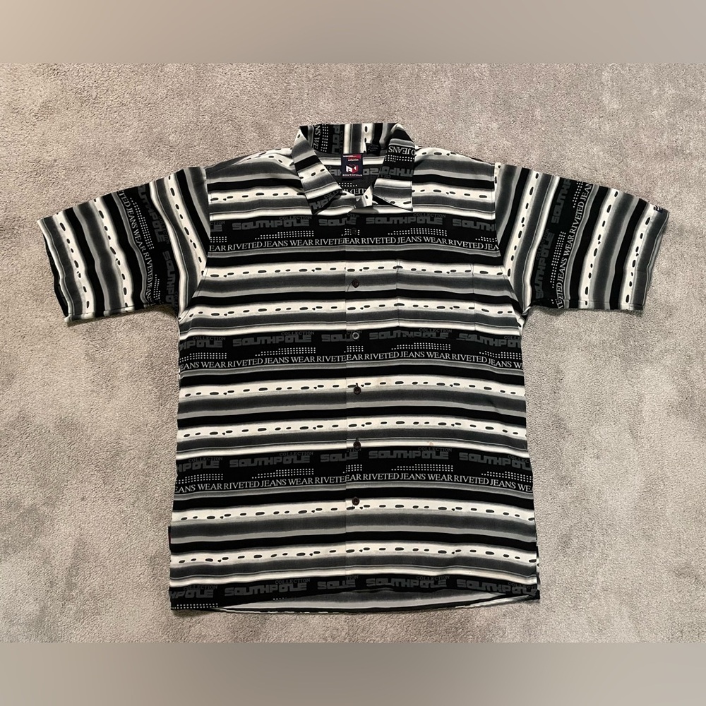 Vintage Y2K South Pole Mens Large Black White Striped Button Up Skater